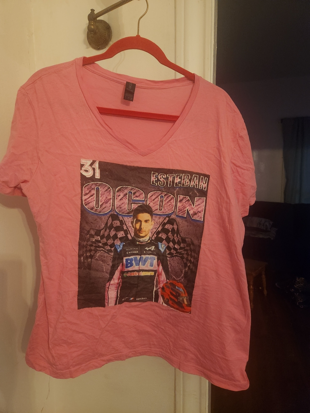 Pink Short Sleeve V-Neck Graphic Tee - Esteban Ocon
